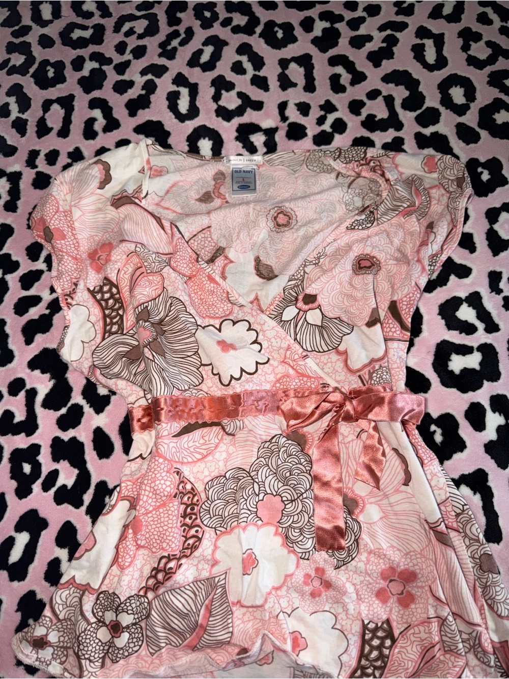 Y2K Old Navy Pink Floral Wrap-Style Dress with Satin Waist Tie